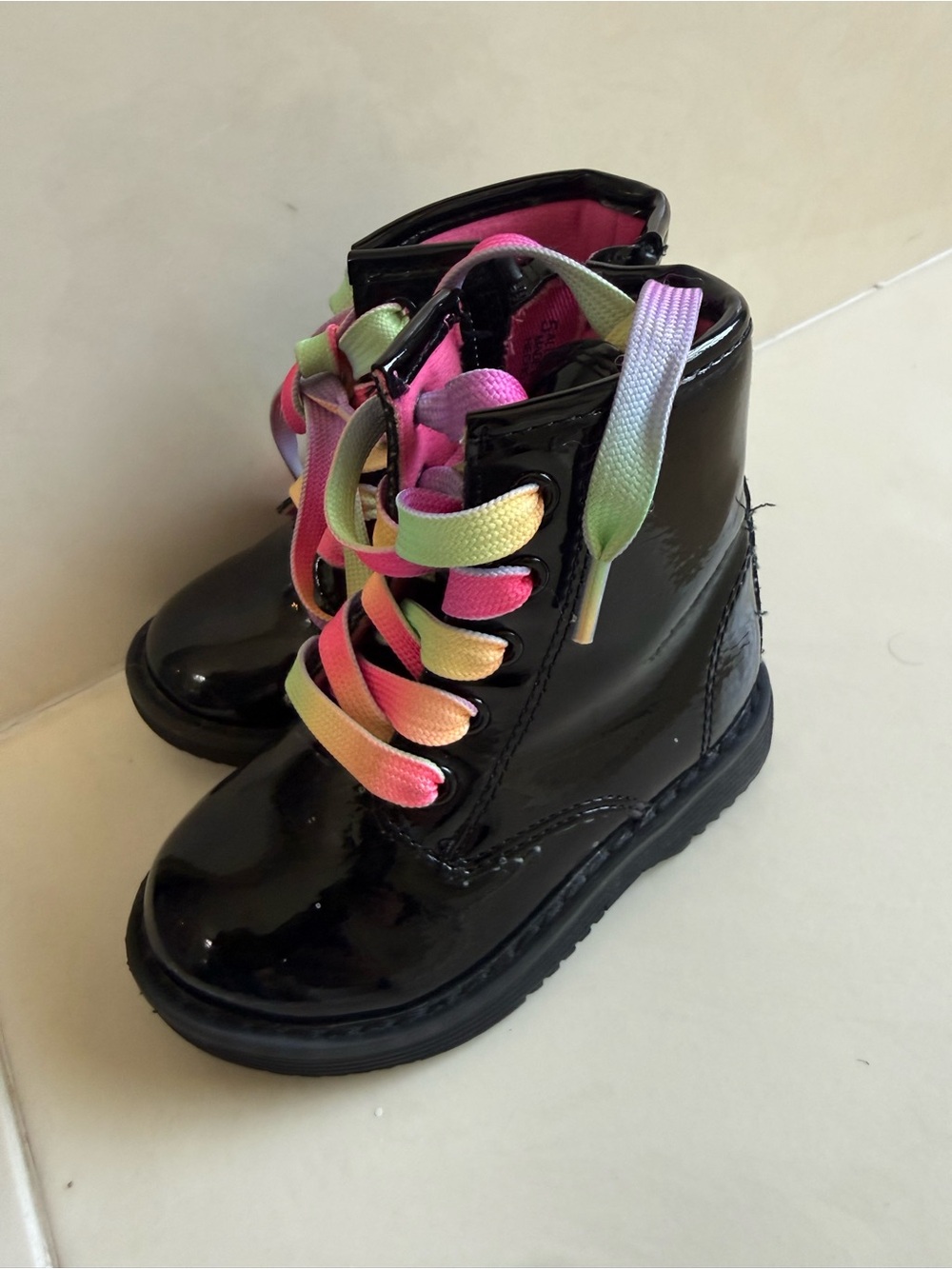 The Children's Place Black Patent Boots with Rainbow Ombre Laces